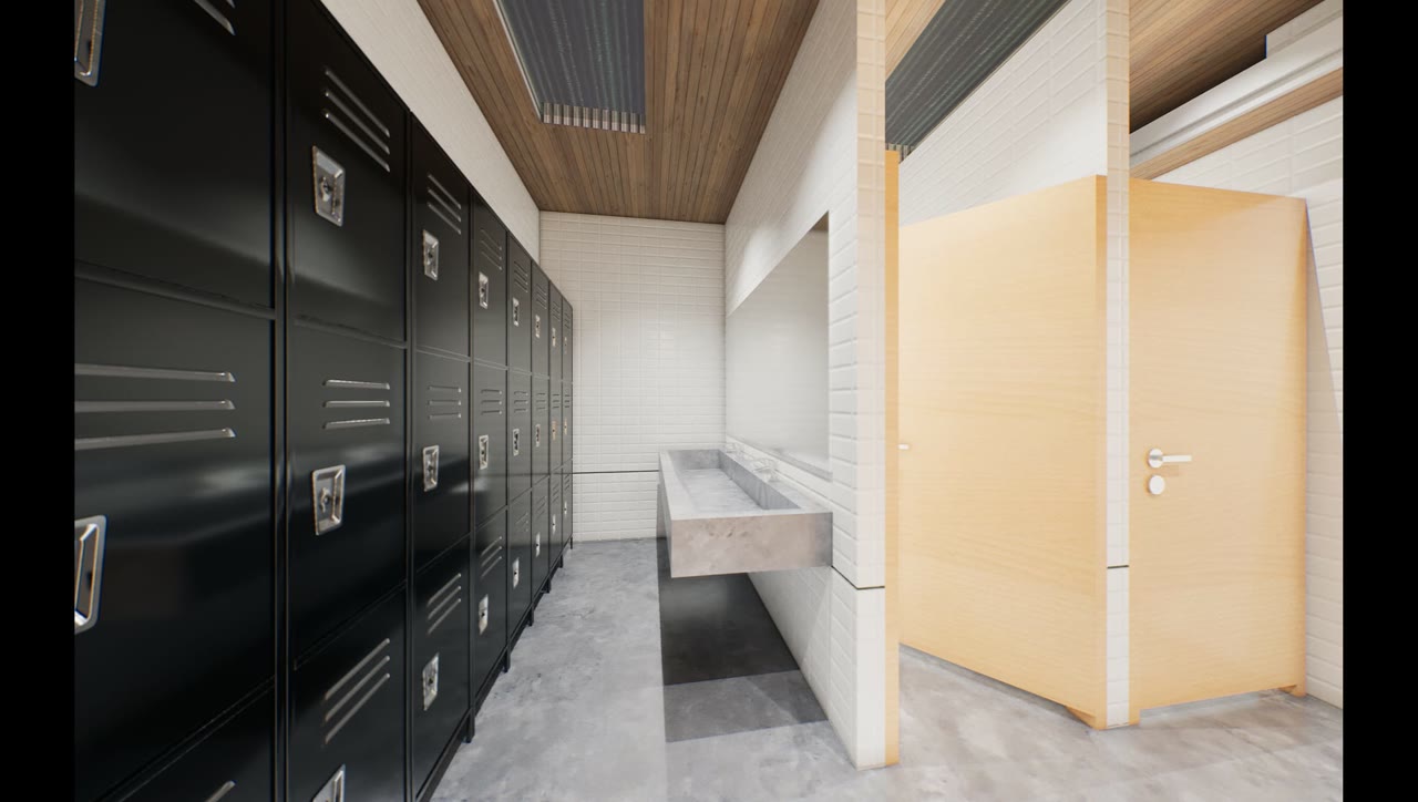 Changing room render with lockers and wash area