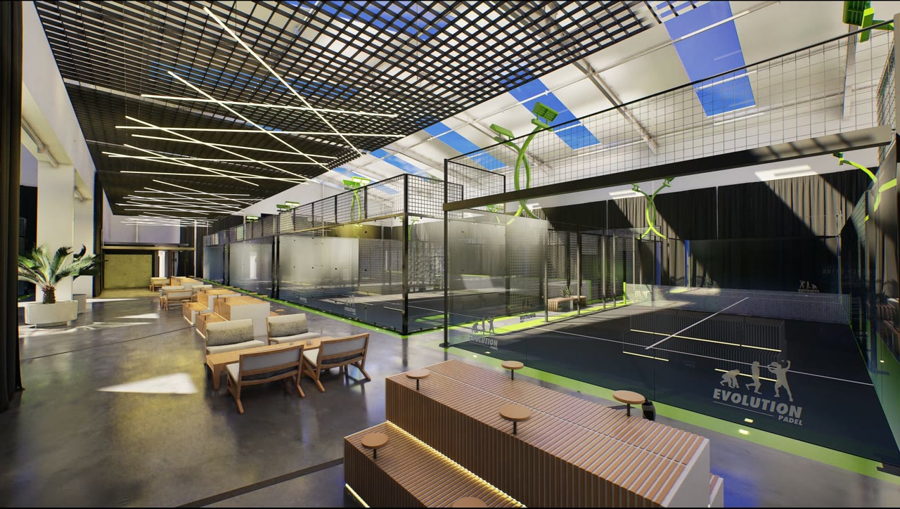 Render of the courts and lounge area at Evolution Padel