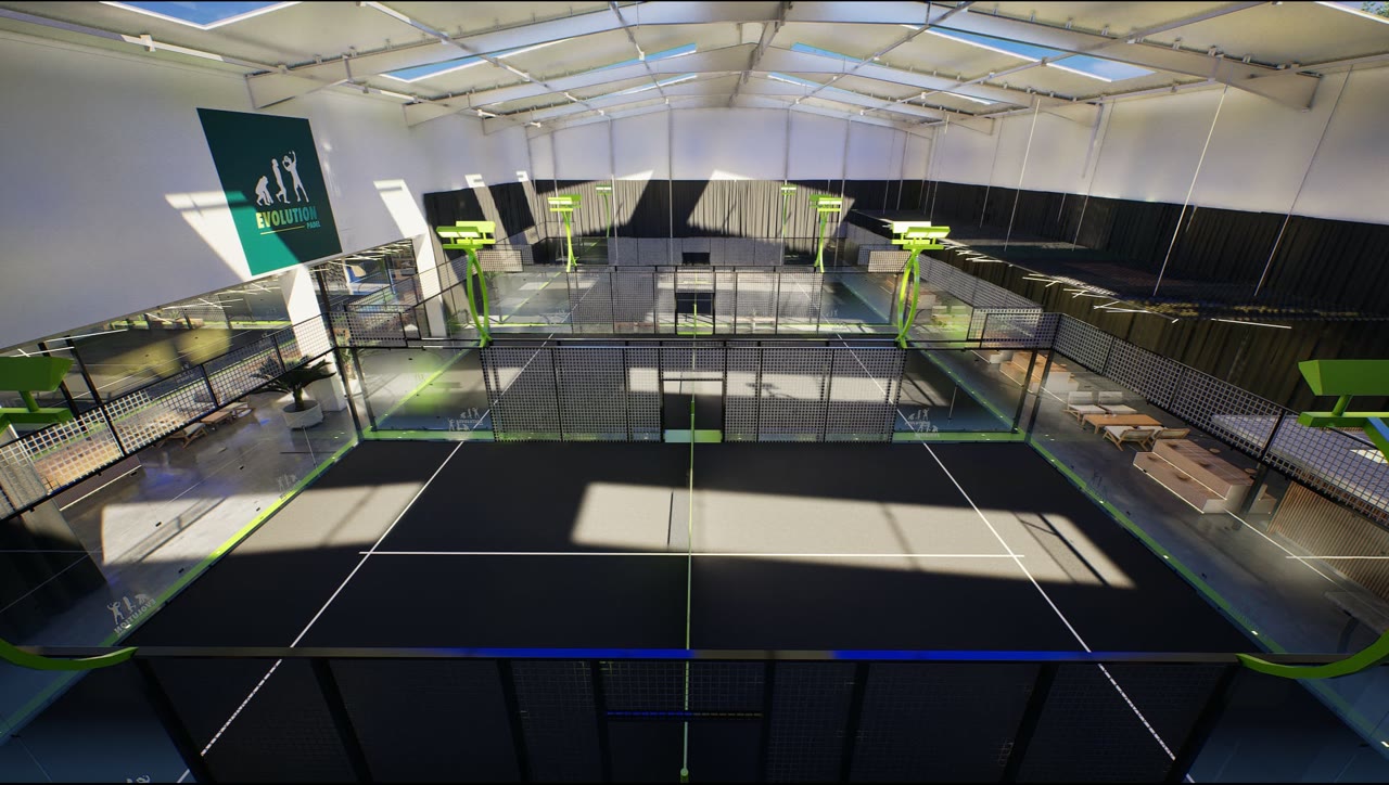 Wide render of the indoor courts at Evolution Padel